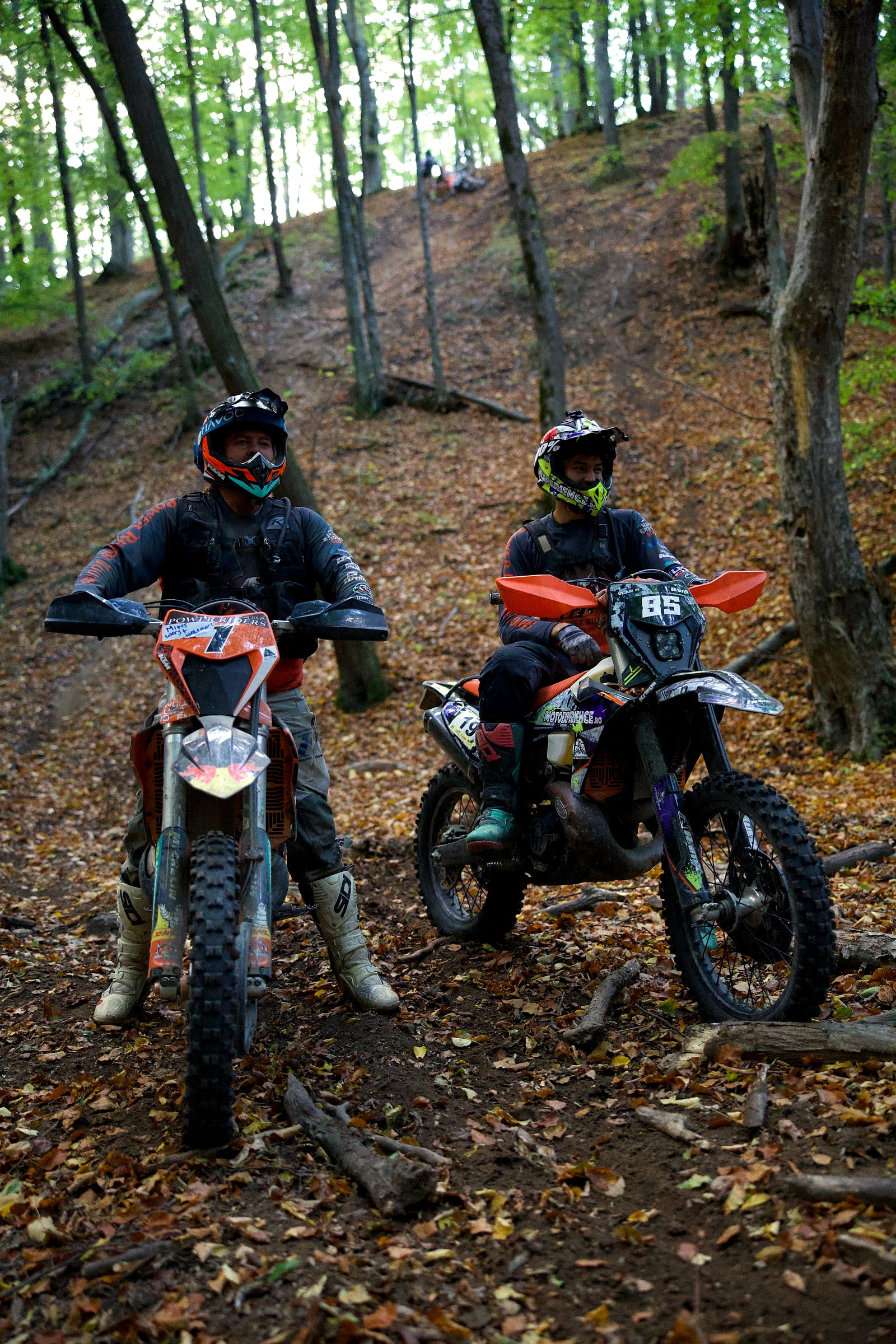 Two riders waiting on a trail covered in leaves while the group catches up